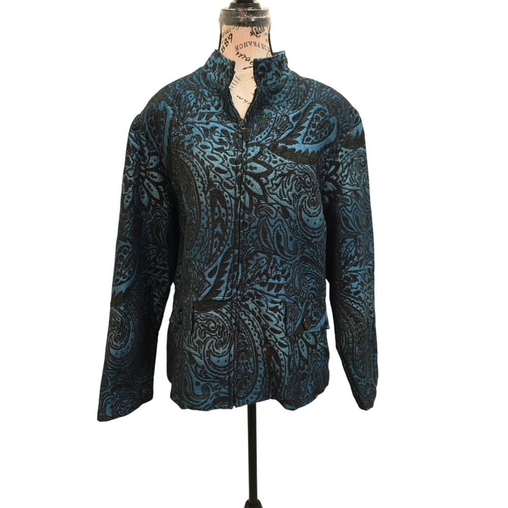 Dressbarn Woman Paisley Tapestry Jacket Womens 18W Blue Black Full Zip Mock Neck